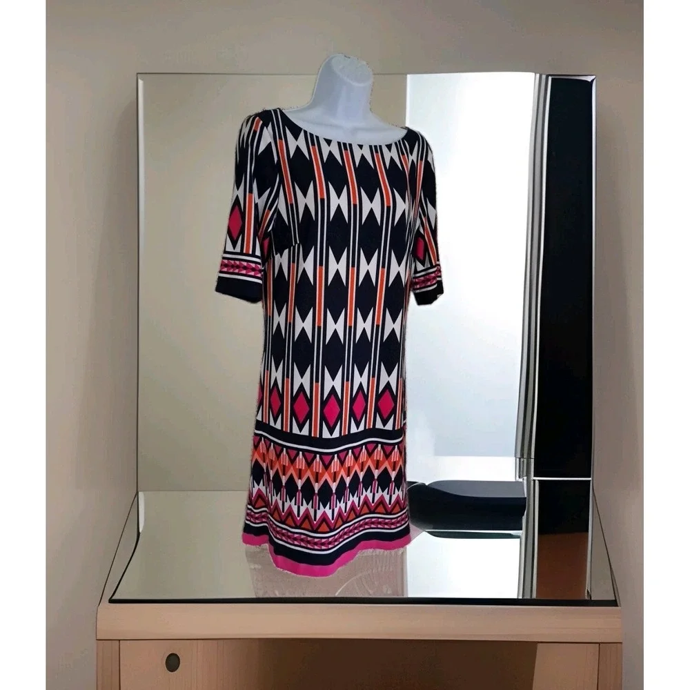Eliza J Shift Dress 12 Abstract Print Artsy Stretch‎ Knit Lined Back Zip Beachy